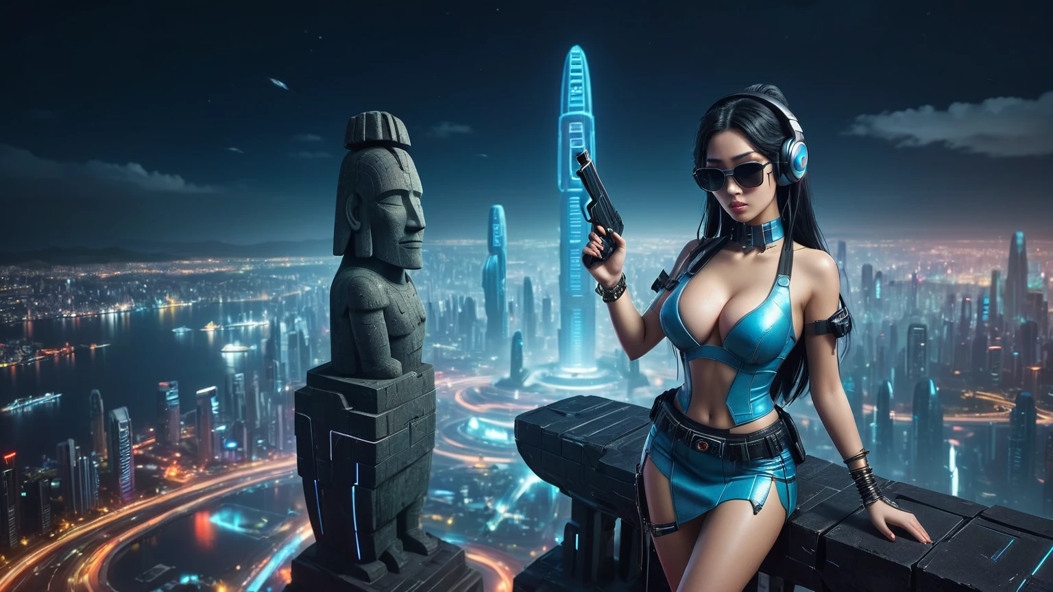 At night, dark sky, distant shot aerial view of fantasy cyberpunk style ((Moai-statue)) city, ((flying vehicle)). ((1girl, solo, alone)), medium-breast:1.1 slim body, cleavage, sexy clothes, (headphone, black sunglasses, long black realistic hair), (((hip-up standing and holding pistol))), half-body thigh level medium shot, cinematic lighting.