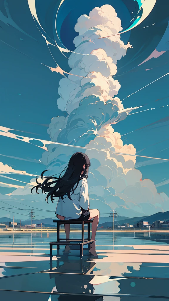 masterpiece, Exquisite detail,Highest quality, One girl, alone, handrail, cloud, buildings,Long Hair, zero, Long sleeve, Power lines, White footwear, Black Hair, Electric pole, bangs, cloudy zero, fish, bird, Green Eyes, Shorts, Day, Black Shirt, barefoot,Pitch black,Buildings,High quality anime art style，Standing painting，Splash ink background,Blue Themes,Clear Face,Distinct facial features,Fuji Mountain,Fuji Mountain,Buildings in Tokyo,Looking at me,View from behind,sitting in water,Bright sky,Daytime,Looking straight ahead,Future City,train,Railroad crossing,morning,A train running on the tracks,the sun and the moon