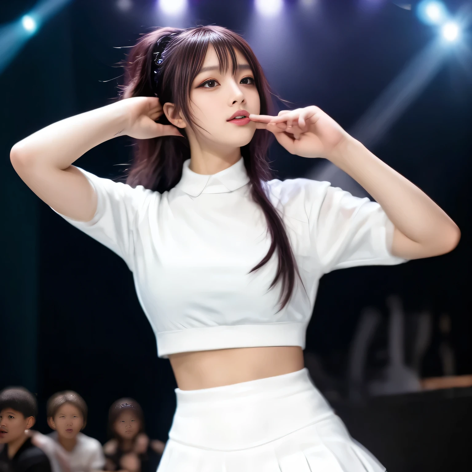 A 18 yo girl wearing a short skirt and a white shirt is holding a maiku , performing on stage, on stage, on stageで, Beldelfinn, On Stage, Roseanne Park from Blackpink, Lalisa Manoban of Blackpink, live on stage, Wearing White  miniskirt, whole body! Pretty face, Korean Idol, spring day