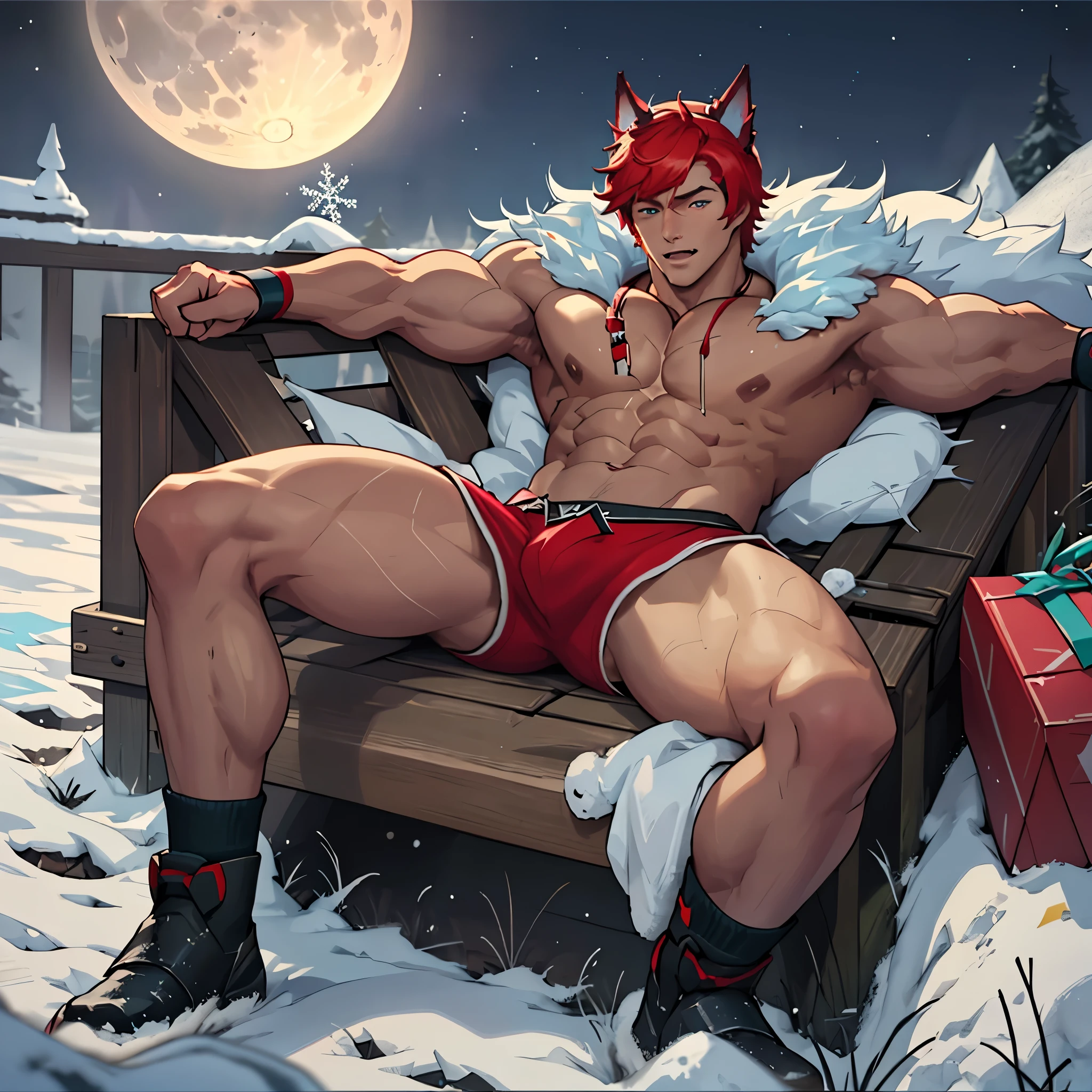 (Masterpiece, best quality),1 Boy, (Obscenity),childhood,side,Naked and lying in the snow,obscene expression,Young age,Short round face,Flat chin,Smooth and detailed face,red panties,Have muscles,bright orange short hair,blue eyes,Open his eyes wide,complicated,full body,nakedness,Obscenity,Teal panties,กล้ามเนื้อabdomen,nighttime,moon,bright colors,(depth of field:1.2),(abdomen),looking at the audience,Lying down in the snow,spread their legs,open arms,Falling snowflakes,There were many diamond-shaped ice cubes on the ground.,cold temperature, Sett, The Boss (League of Legends), 比基尼, Big muscles, Broad shoulders, handsome, The skin is doused with oil., moon, stars, Santa's Hat, White and red underwear, Bikini style underwear, cat ears,