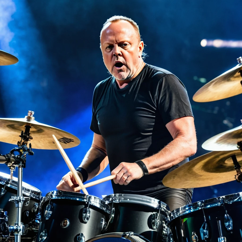 Lars Ulrich (drummer Lars Ulrich) ((Professional drummer)) Metallica drummer Lars Ulrich. In a big concert (on stage) on stage at Paris Accord Arena (On stage) ((music live). 8k, hdr, epic realistic photographie ((8k)) Ultra quality 8k