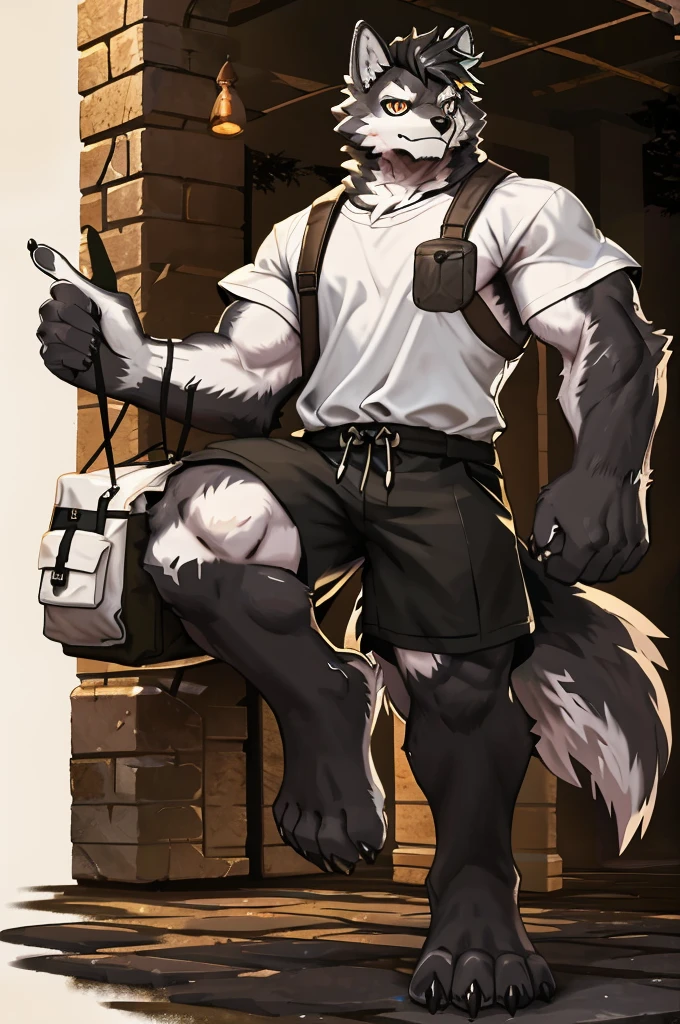 (Strong arms),(Strong legs),masterpiece, best quality, Official Art, Extremely detailed CG unified 8k wallpaper, Ultra Detailed, Best Illustration, , Ink fur, hairy male, Wolf Boy, hairy, Ink fur, 1 Boy,, male focus,, Striped hair, Wolf ears, Animal ears, Single speaker, Ink fur, Bangs, dark hair, White highlights, Medium Hair, Solitary, Ink tail,hairy尾巴,(Black pupil),High target,(campus),,barefoot,(Sexy),((High target and strong)),side,(Delicate eyes:1.2),Inky eyes,male,Solitary,(Inky pupils),(Detailed face),(Sharp eyes),Permanent,(Detailed hands),(Foot details),aldult,type,Moderate,Long legs,(Detailed fingers),(Delicate eyes),(White shirt),(Black shorts),easy,(Big Bag:1.5)