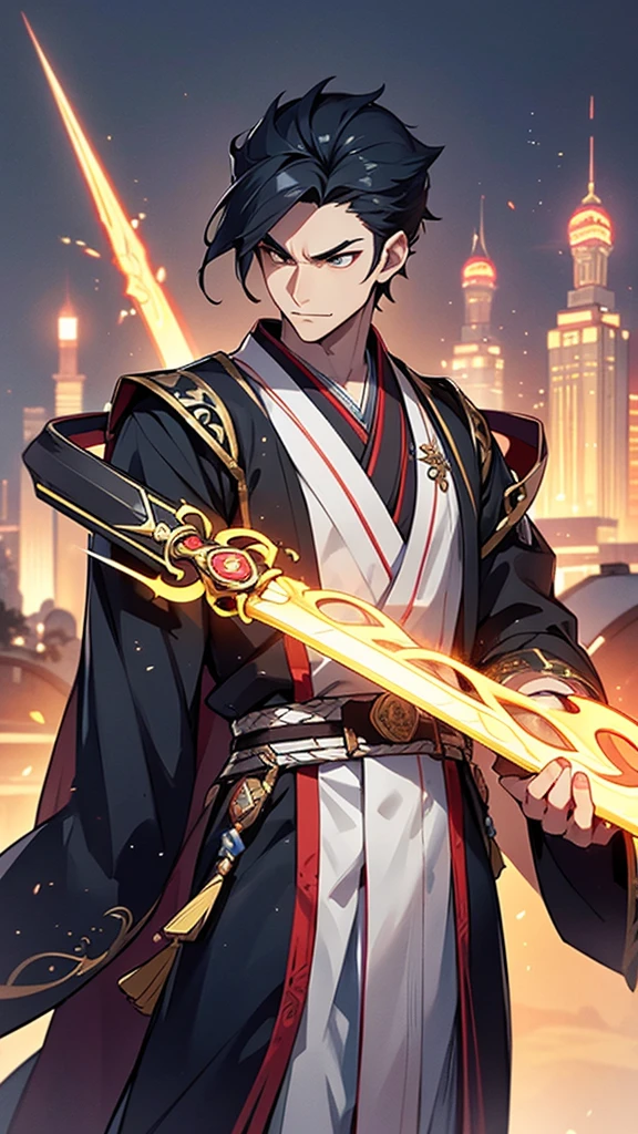 The protagonist is a young, charismatic Chinese man in his mid-20s, exuding an air of confident arrogance. He stands at around 6 feet tall, with a lean but muscular build, indicating both agility and strength. His sharp, angular facial features include high cheekbones, a straight nose, and piercing almond-shaped eyes that gleam with intelligence and a hint of mischief. His eyes are a deep, penetrating black, often reflecting a cunning glint that hints at his ambitious nature.
**Hairstyle and Clothing:**
His jet-black hair is styled in a modern, slightly tousled look, with the longer top strands casually swept back, giving him a refined yet effortlessly stylish appearance. He wears a traditional Hanfu, symbolizing his connection to ancient Chinese culture, but with a contemporary twist. The Hanfu is made of luxurious silk, in shades of dark blue and silver, intricately embroidered with patterns of dragons and clouds, signifying power and ambition. The long, flowing sleeves and the high-collared neck add to his regal demeanor.
**Accessories and Actions:**
In one hand, he holds an ancient, ornate sword with a gleaming blade, the hilt adorned with intricate designs and precious stones. The sword symbolizes his readiness for battle and his deep connection to his heritage. Around his neck hangs a jade pendant, a family heirloom, radiating a subtle, otherworldly glow, suggesting a link to supernatural powers. His stance is confident and commanding, with one foot slightly forward as if he is ready to step into action at any moment.
**Background and Setting:**
The background is a dynamic blend of ancient and futuristic elements, representing the novel’s unique setting of a civilization that merges traditional Chinese culture with advanced technology. Behind him, towering skyscrapers made of shimmering glass and steel contrast with traditional pagodas and ancient stone structures, creating a harmonious blend of the past and the future. The sky is painted with hues of