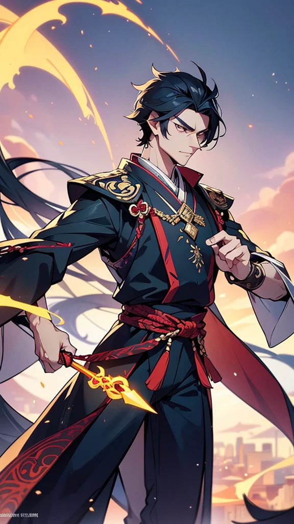 

The protagonist is a young, charismatic Chinese man in his mid-20s, exuding an air of confident arrogance. He stands at around 6 feet tall, with a lean but muscular build, indicating both agility and strength. His sharp, angular facial features include high cheekbones, a straight nose, and piercing almond-shaped eyes that gleam with intelligence and a hint of mischief. His eyes are a deep, penetrating black, often reflecting a cunning glint that hints at his ambitious nature.

**Hairstyle and Clothing:**

His jet-black hair is styled in a modern, slightly tousled look, with the longer top strands casually swept back, giving him a refined yet effortlessly stylish appearance. He wears a traditional Hanfu, symbolizing his connection to ancient Chinese culture, but with a contemporary twist. The Hanfu is made of luxurious silk, in shades of dark blue and silver, intricately embroidered with patterns of dragons and clouds, signifying power and ambition. The long, flowing sleeves and the high-collared neck add to his regal demeanor.

**Accessories and Actions:**

In one hand, he holds an ancient, ornate sword with a gleaming blade, the hilt adorned with intricate designs and precious stones. The sword symbolizes his readiness for battle and his deep connection to his heritage. Around his neck hangs a jade pendant, a family heirloom, radiating a subtle, otherworldly glow, suggesting a link to supernatural powers. His stance is confident and commanding, with one foot slightly forward as if he is ready to step into action at any moment.

**Background and Setting:**

The background is a dynamic blend of ancient and futuristic elements, representing the novel’s unique setting of a civilization that merges traditional Chinese culture with advanced technology. Behind him, towering skyscrapers made of shimmering glass and steel contrast with traditional pagodas and ancient stone structures, creating a harmonious blend of the past and the future. The sky is painted with hues of 