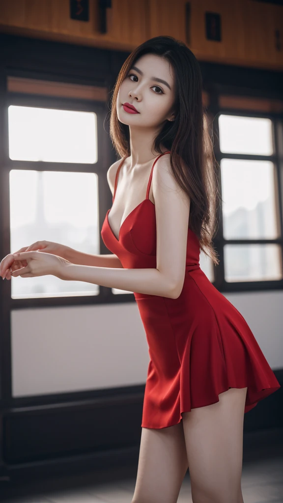 a Chinese woman with beautiful Delicate eyes, Beautiful and delicate lips, Extremely detailed face and skin, Pale skin, 23 years old,wearing a red dress, skirt, high heels, medium long shot, dancing in the dance hall, beautiful lights, Full breasts,Big breasts,long legs, full body portrait. Beautiful photography,Long eyelashes, Good anatomy , Practical skin texture, Delicate eyes, professional, 4K, Wide-angle lens, Optical Depth of Field, Kodak Vision Color, Perfectly proportioned body, Extremely detailed, ultra-photoPractical, Practical, Post-Processing, Maximum details, Roughness, real life, ultra -Practical, Photorealism, photography, 8k Ultra HD, photography
