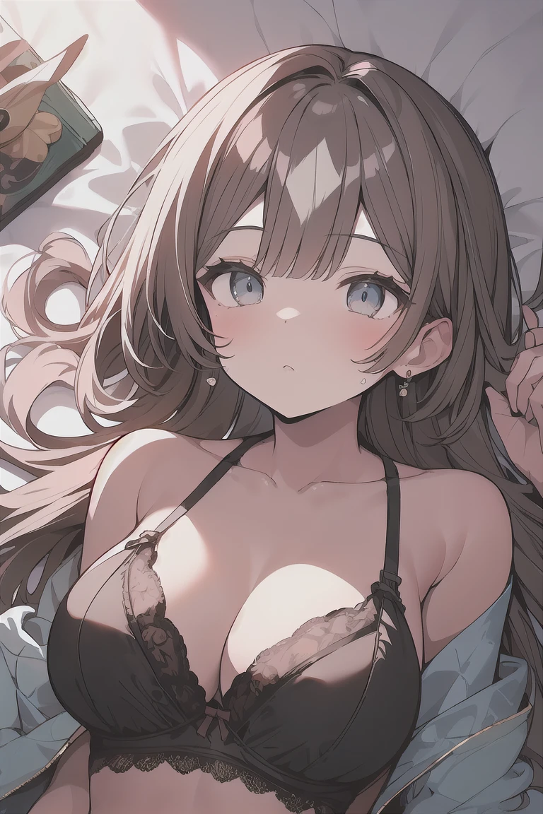 (best quality), (Super detailed), (Best Illustration), (masterpiece), score_9, score_8_up, score_7_up, (8k), (1woman), (black bra:1.2), (lying on bed:1.2), (large breasts), {(detailed eyes), twinkle(in the eyes), blue eyes}, blush, earring, ウマ娘, サトノ・ダイヤモンド