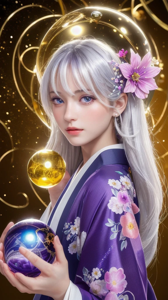 (masterpiece:1.3), (8k, photorealistic, raw photo, highest quality:1.4), (one girl), beautiful face, (realistic face), (long hair), (silver hair, near white hair, shiny hair, beautiful straight hair), (even bangs), (sharp bangs), straight hairstyle, realistic eyes, beautiful detailed eyes (purple eyes), (sharp eyes), (realistic skin), beautiful skin, (kimono), (magician's kimono), (flower hair ornament), attractive, ultra high resolution, ultra realistic, highly detailed, golden ratio, colorful background, (flowers blooming), (energy dancing background), magician, facing forward, facing from shoulders, looking straight ahead, both shoulders facing towards you, holding crystal ball, (heart crystal ball, love crystal ball).