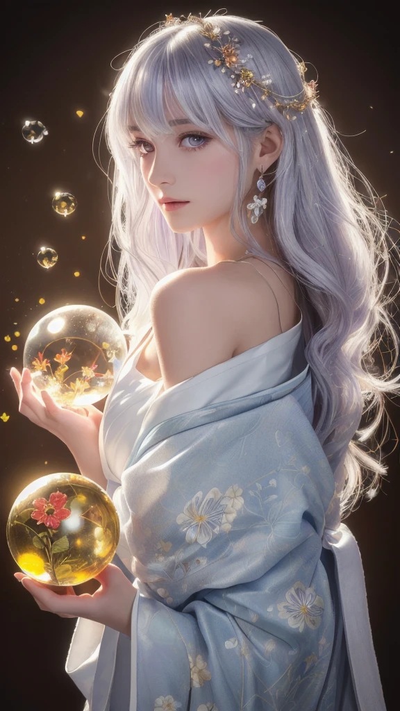 (masterpiece:1.3), (8k, photorealistic, raw photo, highest quality:1.4), (one girl), beautiful face, (realistic face), (long hair), (silver hair, near white hair, shiny hair, beautiful straight hair), (even bangs), (sharp bangs), straight hairstyle, realistic eyes, beautiful detailed eyes (purple eyes), (sharp eyes), (realistic skin), beautiful skin, (kimono), (magician's kimono), (flower hair ornament), attractive, ultra high resolution, ultra realistic, highly detailed, golden ratio, colorful background, (flowers blooming), (energy dancing background), magician, facing forward, facing from shoulders, looking straight ahead, both shoulders facing towards you, holding crystal ball, (heart crystal ball, love crystal ball).