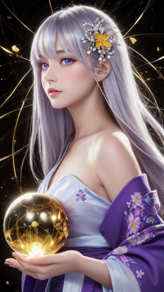 (masterpiece:1.3), (8k, photorealistic, raw photo, highest quality:1.4), (one girl), beautiful face, (realistic face), (long hair), (silver hair, near white hair, shiny hair, beautiful straight hair), (even bangs), (sharp bangs), straight hairstyle, realistic eyes, beautiful detailed eyes (purple eyes), (sharp eyes), (realistic skin), beautiful skin, (kimono), (magician's kimono), (flower hair ornament), attractive, ultra high resolution, ultra realistic, highly detailed, golden ratio, colorful background, (flowers blooming), (energy dancing background), magician, facing forward, facing from shoulders, looking straight ahead, both shoulders facing towards you, holding crystal ball, (heart crystal ball, love crystal ball).
