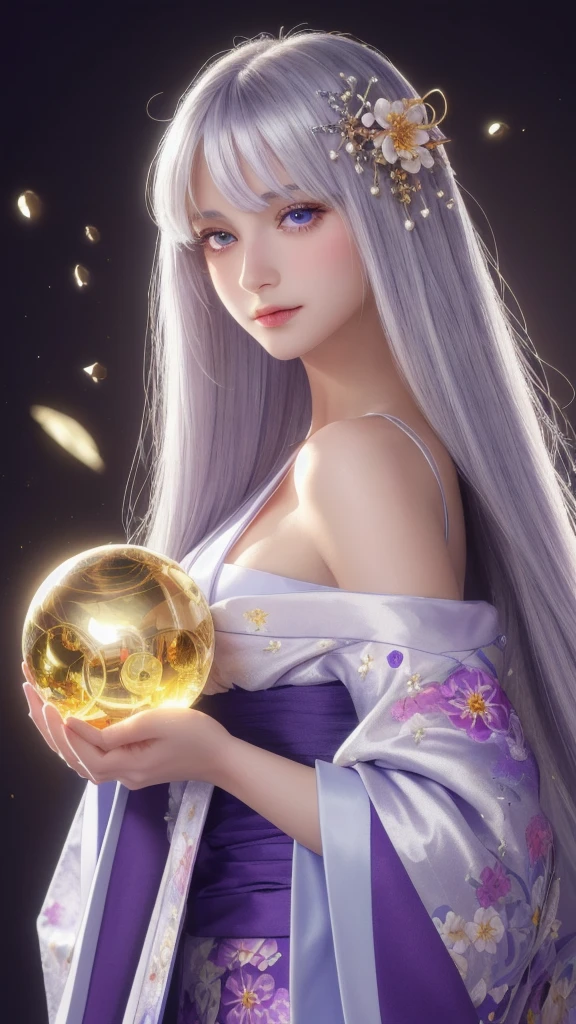 (masterpiece:1.3), (8k, photorealistic, raw photo, highest quality:1.4), (one girl), beautiful face, (realistic face), (long hair), (silver hair, near white hair, shiny hair, beautiful straight hair), (even bangs), (sharp bangs), straight hairstyle, realistic eyes, beautiful detailed eyes (purple eyes), (sharp eyes), (realistic skin), beautiful skin, (kimono), (magician's kimono), (flower hair ornament), attractive, ultra high resolution, ultra realistic, highly detailed, golden ratio, colorful background, (flowers blooming), (energy dancing background), magician, facing forward, facing from shoulders, looking straight ahead, both shoulders facing towards you, holding crystal ball, (heart crystal ball, love crystal ball).