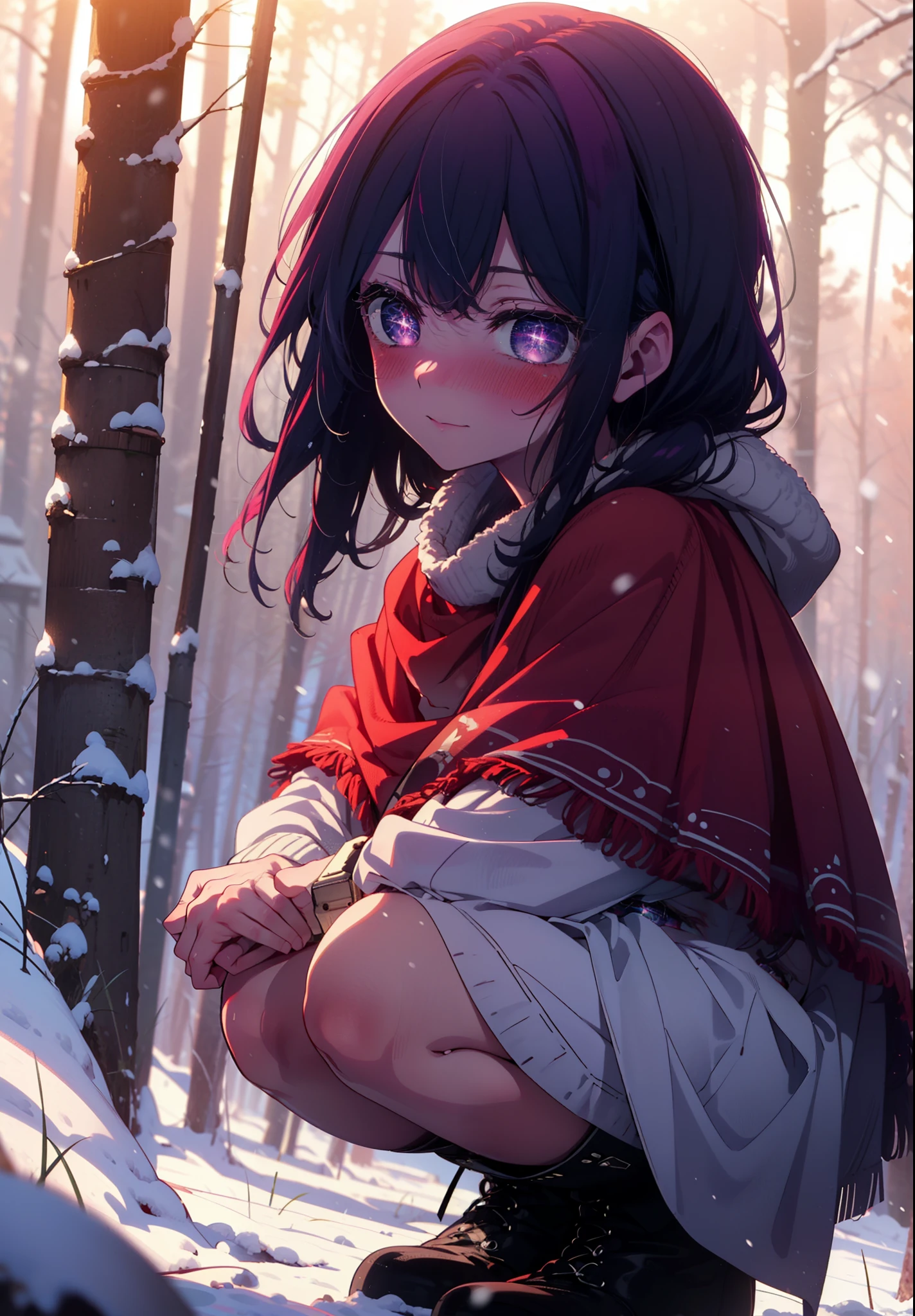 aihoshino, Ai Hoshino, Long Hair, bangs, (Purple eyes:1.1), Purple Hair, (Symbol-shaped pupil:1.5), smile,,smile,blush,White Breath,
Open your mouth,snow,Ground bonfire, Outdoor, boots, snowing, From the side, wood, suitcase, Cape, Blurred, , forest, White handbag, nature,  Squat, Mouth closed, Cape, winter, Written boundary depth, Black shoes, red Cape break looking at viewer, Upper Body, whole body, break Outdoor, forest, nature, break (masterpiece:1.2), Highest quality, High resolution, unity 8k wallpaper, (shape:0.8), (Beautiful and beautiful eyes:1.6), Highly detailed face, Perfect lighting, Extremely detailed CG, (Perfect hands, Perfect Anatomy),