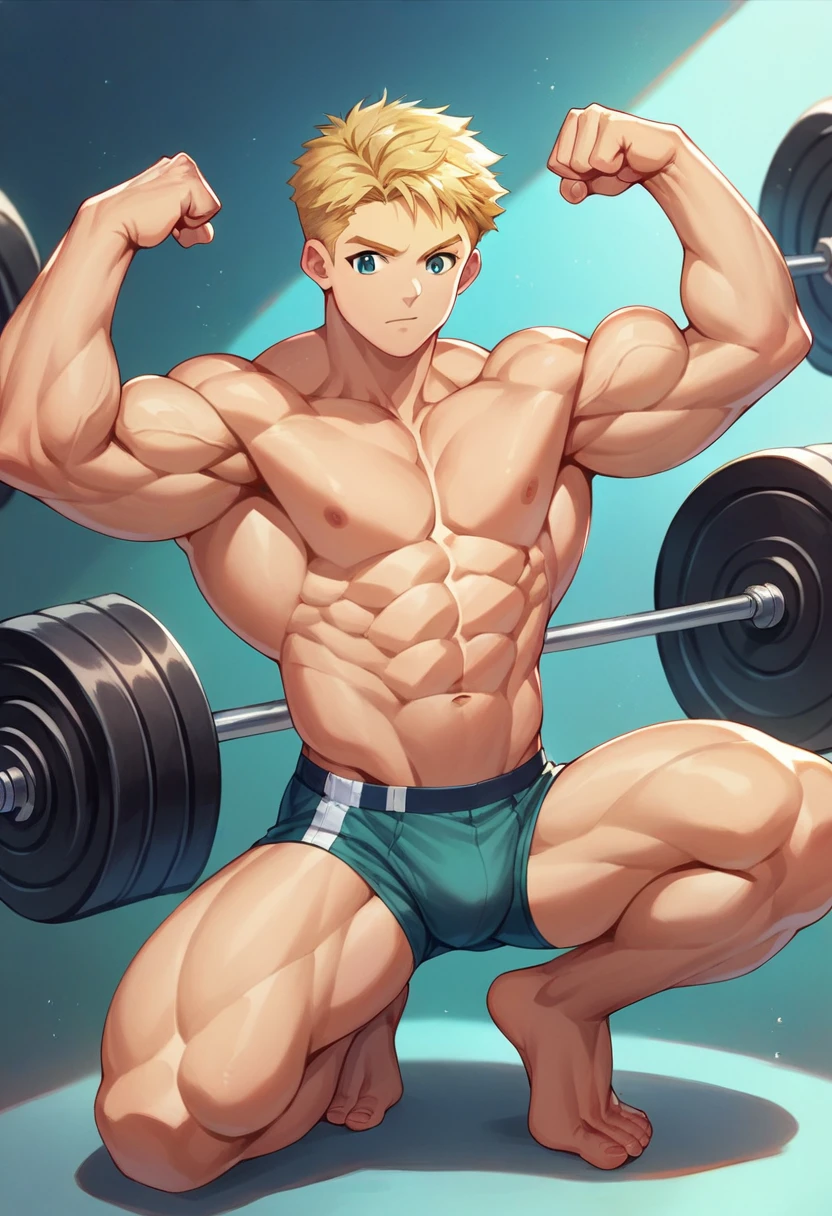 (masterpiece, best quality), Intricate detailing, 8K, artstation, Anime art, Young ager, Teenybuilder, 14 years hair, posing bis muscles in underwear, barefoot, Buff muscle Body, flexing his muscles, muscular chest, weightlifting