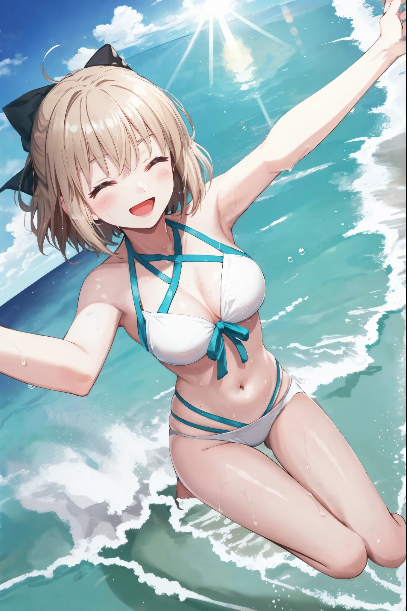 masterpiece, best quality,extremely detailed CG unity 8k wallpaper,
1girl,okita souji \(fate\), swimsuit,bikini,
 smile,open_mouth,dynamic_jumping,sunlight,splash_of_water,happy,closed_eyes,selfie