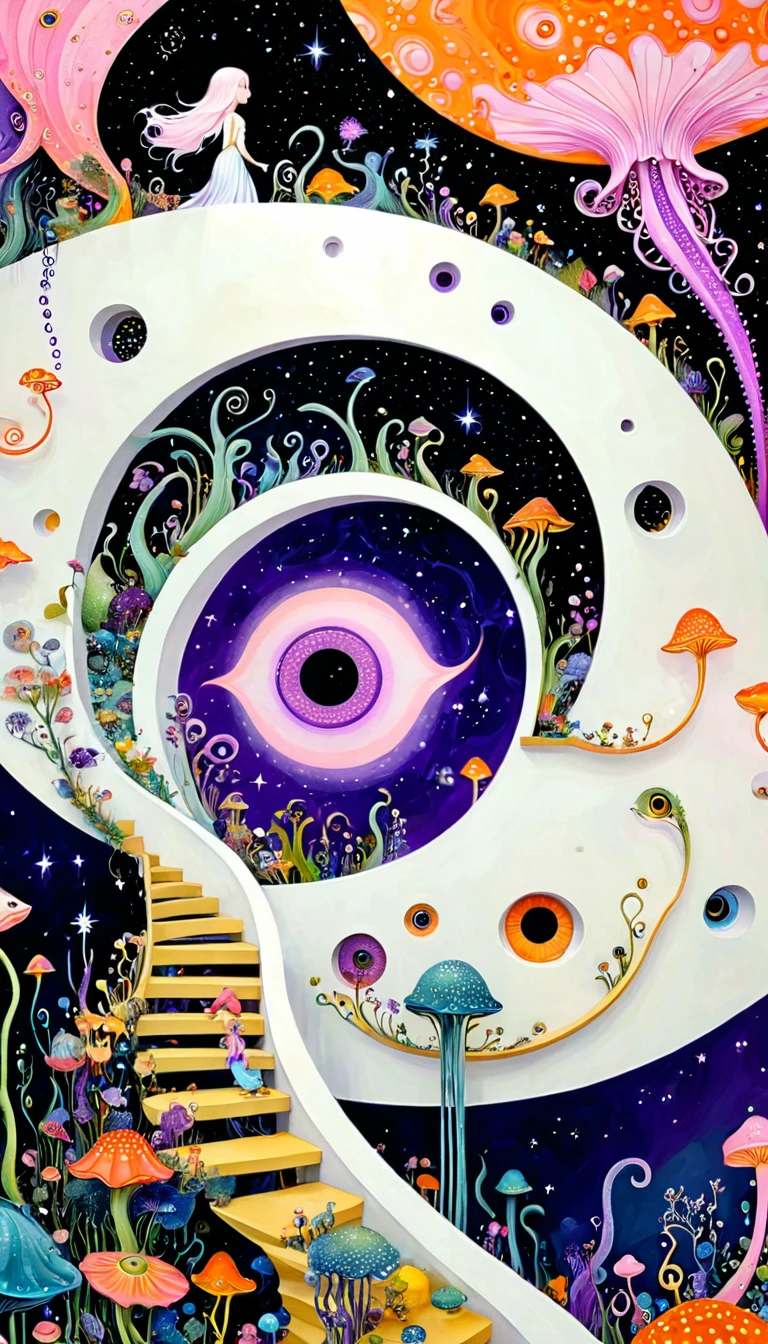 &References;Dick Ellescas Artist Style&References;,Fairy tale world，章fish热气球，Tentacles瀑布，Starry Sky、rivesh、Tentacles、bird、Eye、People silhouette、diatom，Spiral staircase endless loop，Abstract mosaic painting，Describing the inner world of autistic people，Sense of space，White space，interesting，Innocence，Psychedelic Art，Pink Theme，Bold contrasts，Purple and Orange