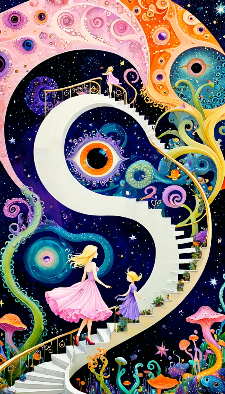 &References;Dick Ellescas Artist Style&References;,Fairy tale world，章fish热气球，Tentacles瀑布，Starry Sky、rivesh、Tentacles、bird、Eye、People silhouette、diatom，Spiral staircase endless loop，Abstract mosaic painting，Describing the inner world of autistic people，Sense of space，White space，interesting，Innocence，Psychedelic Art，Pink Theme，Bold contrasts，Purple and Orange