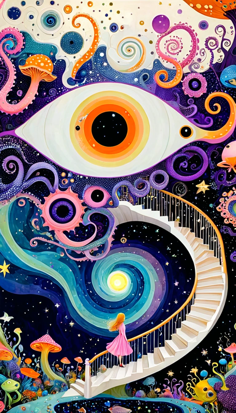 &References;Dick Ellescas Artist Style&References;,Fairy tale world，章fish热气球，Tentacles瀑布，Starry Sky、rivesh、Tentacles、bird、Eye、People silhouette、diatom，Spiral staircase endless loop，Abstract mosaic painting，Describing the inner world of autistic people，Sense of space，White space，interesting，Innocence，Psychedelic Art，Pink Theme，Bold contrasts，Purple and Orange