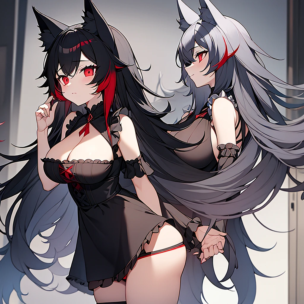 Female wolf alone without anyone together, wears a short black maid dress showing her panties, has long black fuzzy hair with red highlights, has red eyes, has big breasts, has wolf ears and a wolf tail.