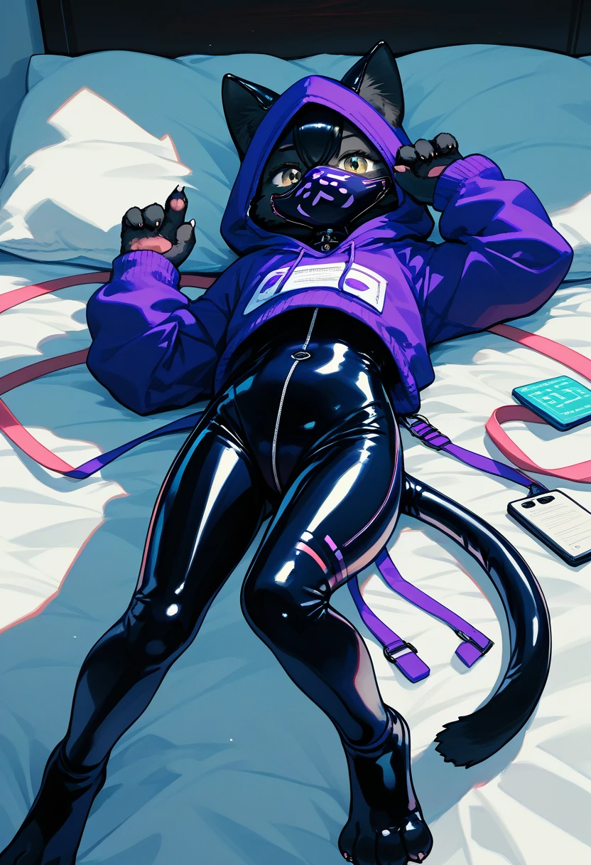 Highest quality, Highest quality, High quality illustrations, masterpiece, Ultra-high resolution, Detailed Background, room, On the bed, Absurd, Perfect Anatomy, performance, Good lighting, Shadows in the movies(kemono, Furry PersonifiCation), Cat, Black Skin, Rubber suit, Rubber suit, latex, neon, neonライト, neonカラー, Purple rubber hoodie, ribbon, Rubber mask, juvenile, Lying on your back