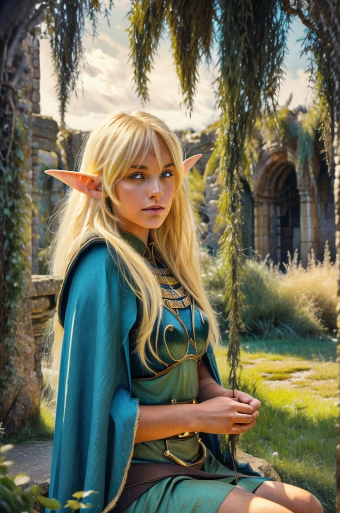 1girl, deedlit, blond elf, sitting gracefully on ancient stone bench, playing lute, long flowing hair, flowing cloak, soft breeze, detailed face, beautiful detailed eyes, beautiful detailed lips, extremely detailed face and features, hyperrealistic, photorealistic, 8k, cinematic lighting, dramatic atmosphere, fantasy landscape, ancient ruins, mossy stones, warm color palette