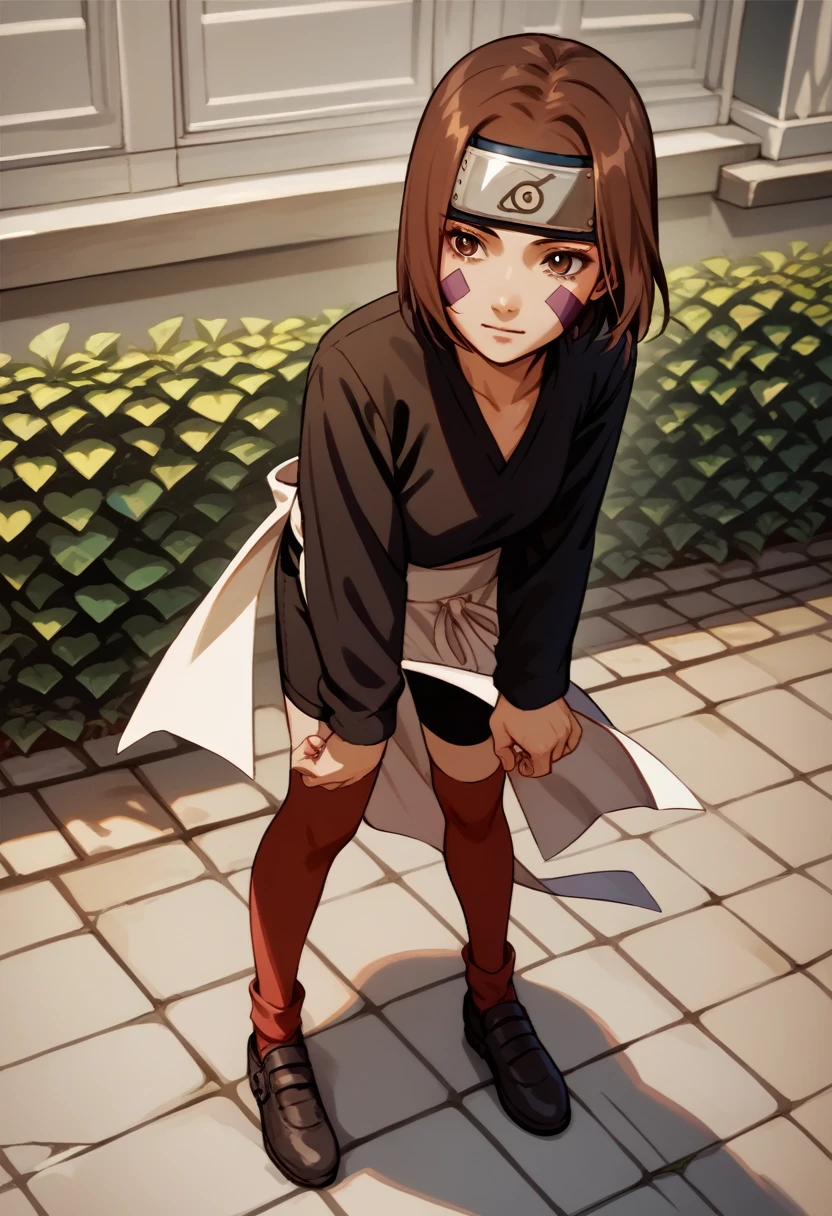 score_9, score_8_up, score_7_up, source_anime, 1girl, nohara rin, short hair, brown hair, brown eyes, purple facial mark, black shirt, long sleeves, white apron, black shorts, forehead protector, red thighhighs, full body, idle, hand down