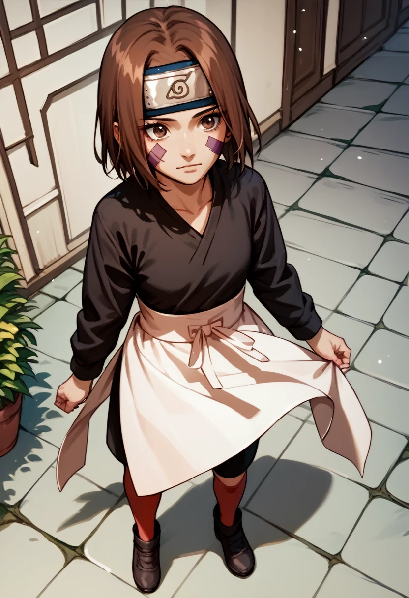 score_9, score_8_up, score_7_up, source_anime, 1girl, nohara rin, short hair, brown hair, brown eyes, purple facial mark, black shirt, long sleeves, white apron, black shorts, forehead protector, red thighhighs, full body, idle, hand down