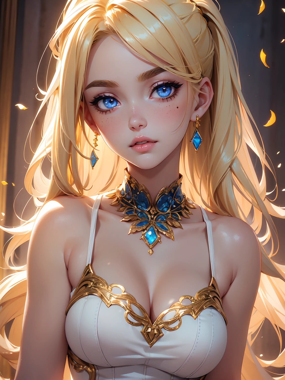 (((Blonde stunning hair))), (blue eyes), blue necklace, Golden earrings, Fit, Gorgeous Body, gorgeous, brown eyebrows, (two moles over lip), big pupils, (23 years old), 1girl,solo, complex skin, warm light, (large breasts), wide thighs, round butt, 5 fingers, ((blushing)), ((detailed face, best quality)),(beautiful detailed eyes), red lip, eyeshadow, beautiful face, long hair, very detailed eyes, intricate details in eyes, perfect lips, good lighting, ((masterpiece, Best quality, a high resolution, ultra detailed),(beautiful and aesthetically pleasing:1.2, show most body), 1 woman, high short ponytail, Beautiful, Detailed eyes and face, hot short shirt, Converse sneakers, golden hour, Field of Flowers, complex parts