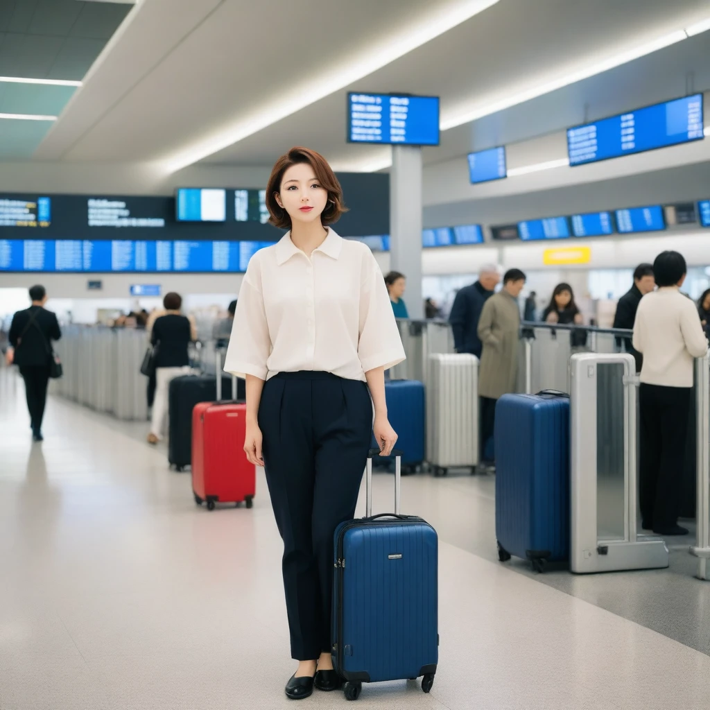 Beautiful 50s Korean woman , 32 inch chest size, Your eyes are big and pretty. Short in stature. Standing in the departure hall of the airport. . short medium hair, Standing in line at the departure hall of Frankfurt Airport, Germany. Wearing comfortable travel clothes with casual pants. .Dragging a suitcase. short medium hair, short height, Full body shot with Canon camera 16-35 wide angle lens, short medium hair. expressionless, full body shot, perfect fingers, Make the airport electronic display visible, 멀리 full body shot, I see an electronic display board, short woman, Standing in line at the airport departure hall. uhd