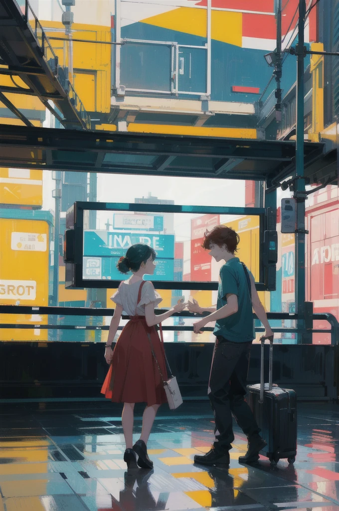 ((best qualityer, work of art, absurdrez, Super-resolution)) (red and teal and yellow), friends having fun, summer trip, travel truck