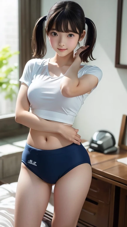 (masterpiece:1.3), (8K、Realistic, RAW Photos, Highest quality:1.2), (alone), (1 Girl), (cute:1.3), (Very beautiful 14 year old Japanese girl), nice smile, Red cheeks,Bedroom、 (Skin with attention to detail: 1.2), Photorealistic Anime Girl Rendering, Realistic anime 3D style, Beautiful black hair,Twin tails, Intense black eyes, Strong eye highlights, (Accurate and natural large breast size), Perfect Anatomy, Blunt bangs, (Bloomers), (Old fashioned sportswear), (White tight short sleeve shirt, Dark blue short tight shorts), Accurate Arm, Five Fingers, Accurate legs, On the bench, get up, Bloomersを見せびらかす, Small area sportswear, Volumetric lighting, Soft Light, bright, neon, bright色