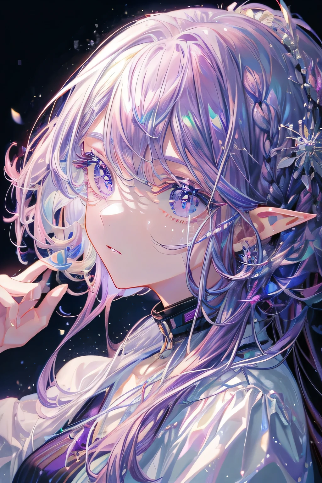 (masterpiece、8K、highest quality)、(soft light:1.3), detailed face, fine eyes,spring、(SupportHair)、light purple hair、multi color hair、bright purple eyes、elf girl、 Sakura Snowstorm
