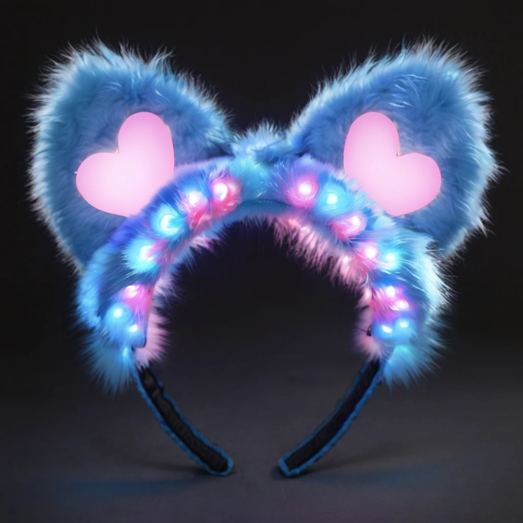 Close-up of a pair of furry ear headbands,Headband headdress,lights on, Gorgeous lighting,led,anime ears, Animal ears, Mouse ears, fluffy Fox ears, Glowing neon bow, Cat ears, metal Cat ears and glowing eyes, fake Cat ears, With blue lights, Wolf ears, Headband, Cat ears and tail, Fox ears, Cute ears, Ears shine through the light