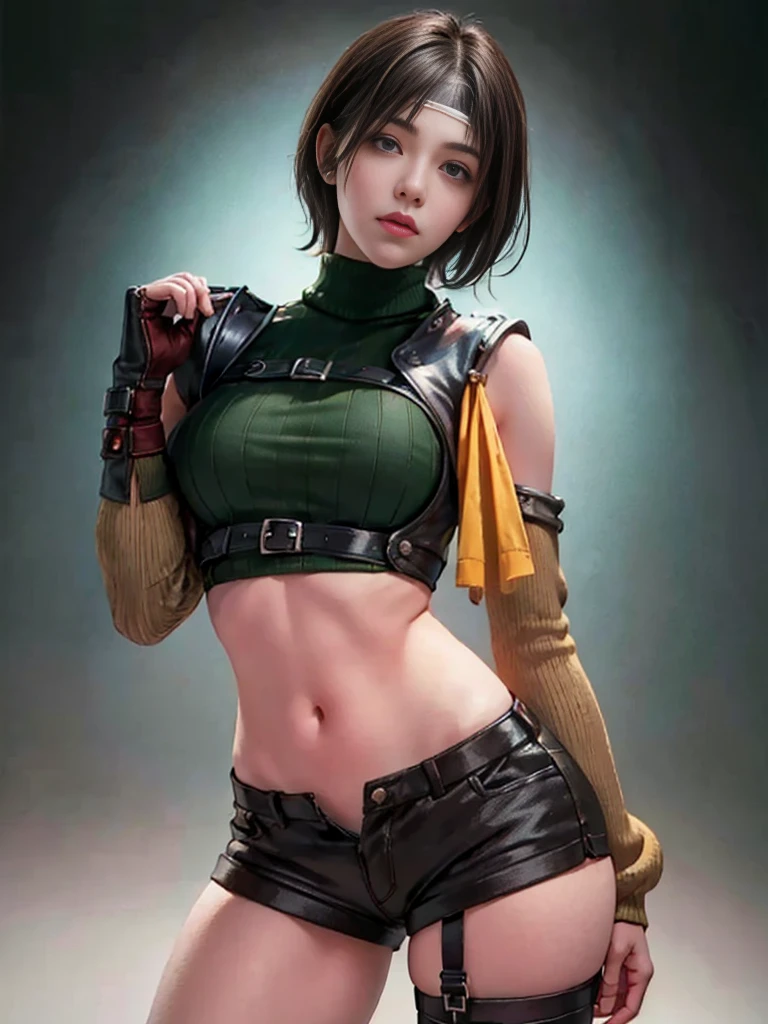 masterpiece, 最high quality:1.4), (One girl), alone, (European youth:1), One girl, short hair, Headband Belly Button, No sleeve, turtleneck, Brown eyes, No sleeveturtleneck, alone, chest, Displaying the viewer, Sexy smile, Mitt, Crop top, Brown Hair, Shorts, abdomen, armor, sweater, Open Fly, Fingerless gloves, リブ編みsweater, 中chests, Yuffie_Kisaragi_01, Surreal Girl, Highly detailed skin, Digital SLR, Soft lighting, high quality, Highly detailed face, Highly detailed skin, Skin pores, Scattered beneath the surface, Realistic pupils, 中chest, Fuller lips, Detailed Background, Depth of written boundary, Sharp focus, Absurd, Realistic proportions, Excellent anatomy, (Realistic, 超Realisticな:1.4), 16k HD,