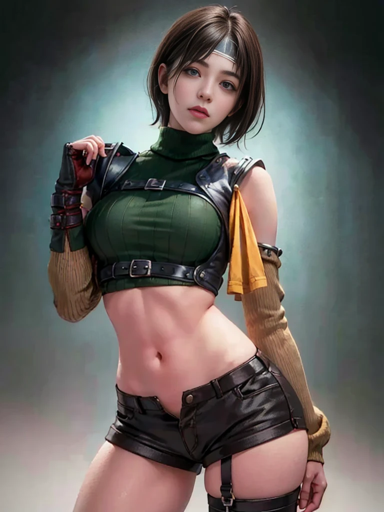 masterpiece, 最high quality:1.4), (One girl), alone, (European youth:1), One girl, short hair, Headband Belly on, No sleeve, turtleneck, Brown eyes, No sleeveturtleneck, alone, chest, Displaying the viewer, Sexyile, Mitt, Crop top, Brown Hair, Shorts, abdomen, armor, sweater, Open Fly, Fingerless gloves, リブ編みsweater, 中chests, Yuffie_Kisaragi_01, Surreal Girl, Highly detailed skin, Digital SLR, Soft lighting, high quality, Highly detailed face, Highly detailed skin, Skin pores, Scattereneath the surface, Realistic pupils, 中chest, Fuller lips, Detailed Background, Depth of written boundary, Sharp focus, Absurd, Realistic proportions, Excellent anatomy, (Realistic, 超Realisticな:1.4), 16k HD,
