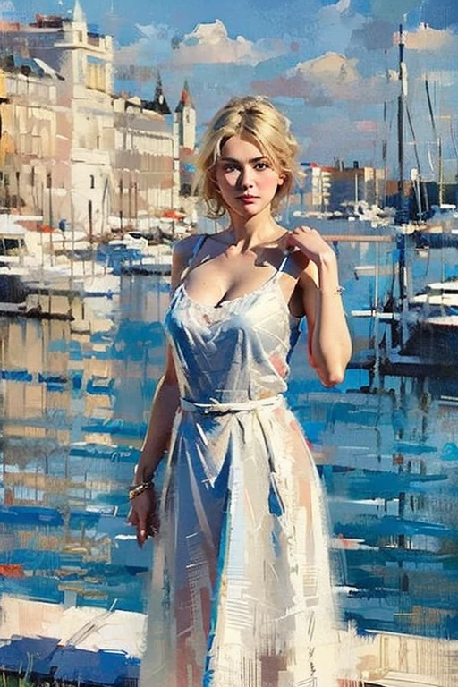 Masterpiece cinematic photo, photograph cinematic photo a russian beauty ,big blue eyes, blonde, ultra detailed, ultra sharp, ((best quality, симметрия)), ((masterpiece)), Stands on the embankment of Moscow.  cityscape background, photograph, film, bokeh, professional, 16k , oil painting, 