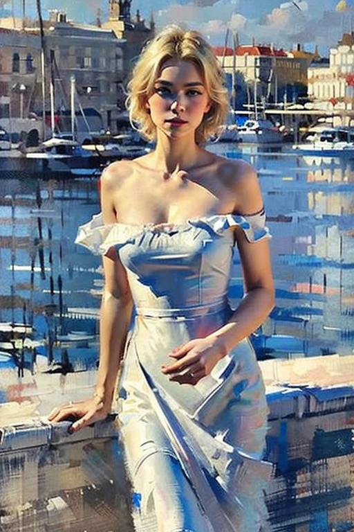 Masterpiece cinematic photo, photograph cinematic photo a russian beauty ,big blue eyes, blonde, ultra detailed, ultra sharp, ((best quality, симметрия)), ((masterpiece)), Stands on the embankment of Moscow. cityscape background, photograph, film, bokeh, professional, 16k , oil painting,