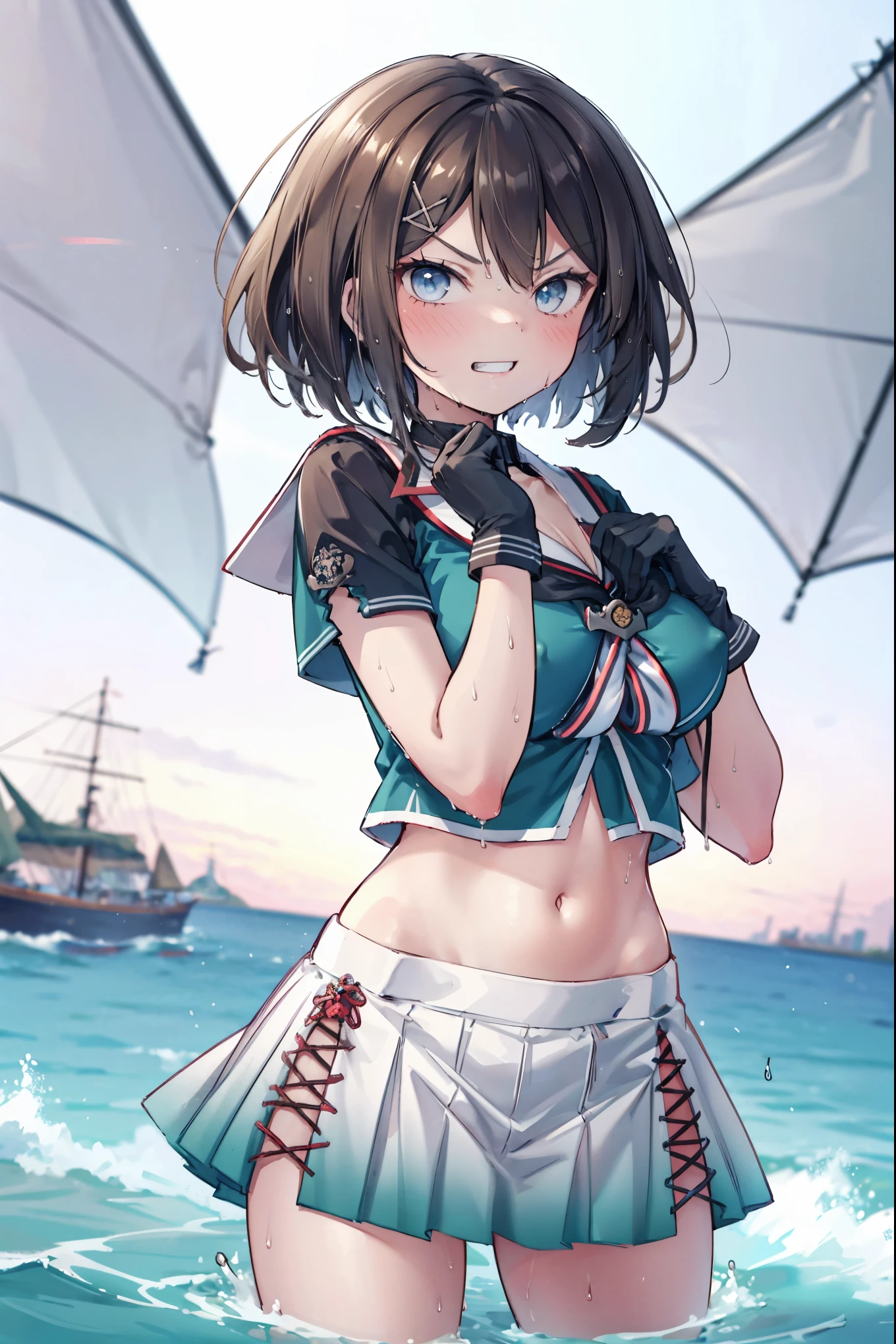 ung_teeirl, , brown_hair, medium_bob_hair, blue_midriff_baring_sailor_uniform, mini_skirt, short_sleeve, thighs, gigantic_breasts, angry, smile, grin, standing, harbor_background, slightly_spread_Legs, happiness, short_gloves, wet,,covered_nipples, covered_crotch,Maya_flag,nihil