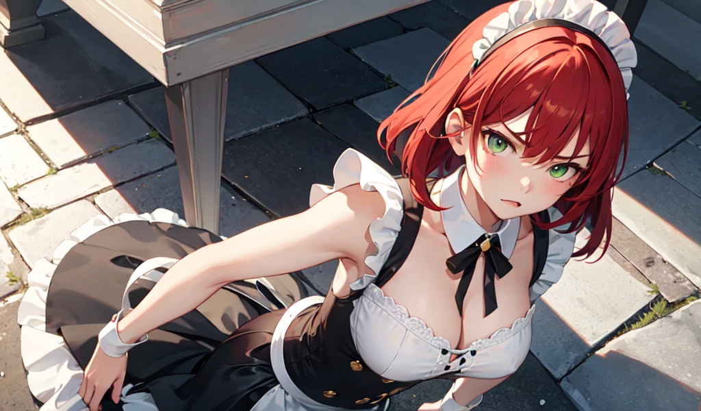 ((best quality)), ((masterpiece)), (detailed), 1girl, Beautiful stylish maid is a little angry,Looking down from directly above,Putting hands on hips,Very attractive,,Red hair,Beautiful green eyes,It's tempting me
