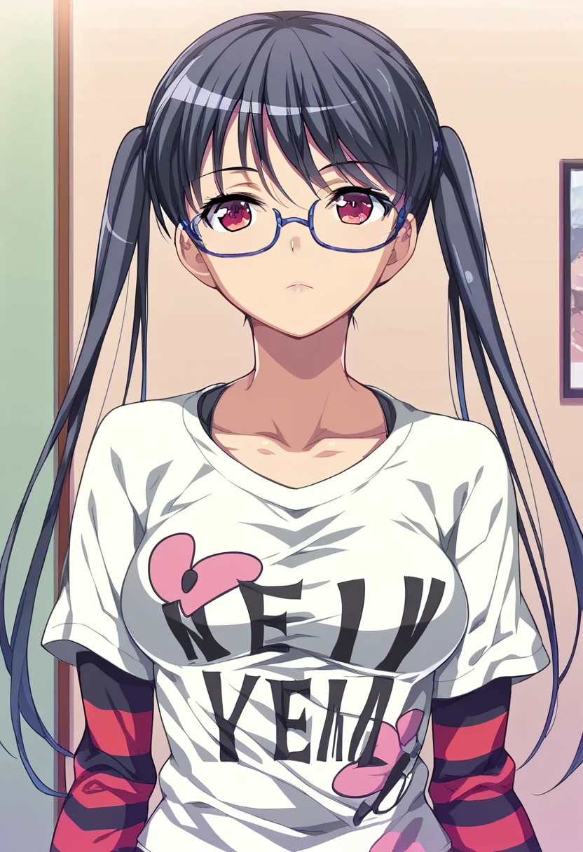 score_9, score_8_up, score_7_up, 
1girl, kousaka iori, black hair, twintails, red eyes, glasses,

expressionless, looking at viewer, white t-shirt, striped sleeves, upper body, standing, indoors,