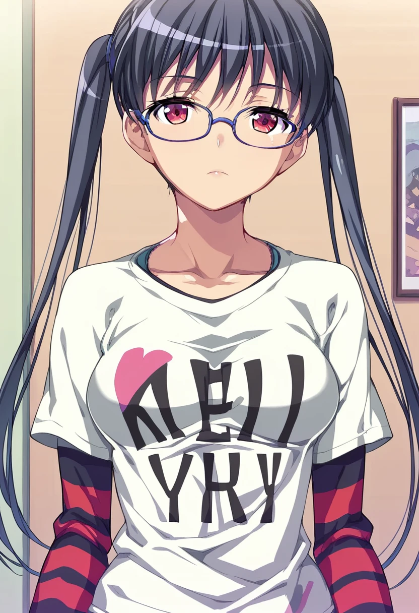 score_9, score_8_up, score_7_up, 
1girl, kousaka iori, black hair, twintails, red eyes, glasses,

expressionless, looking at viewer, white t-shirt, striped sleeves, upper body, standing, indoors,