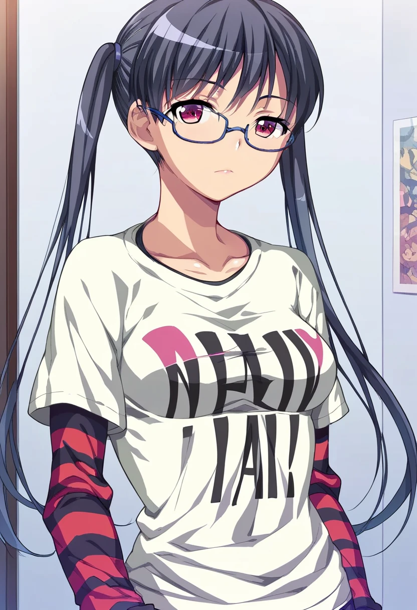 score_9, score_8_up, score_7_up, 
1girl, kousaka iori, black hair, twintails, red eyes, glasses,

expressionless, looking at viewer, white t-shirt, striped sleeves, upper body, standing, indoors,