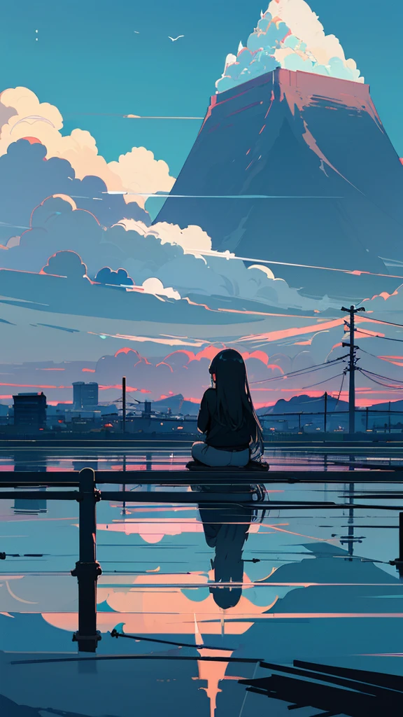 masterpiece, Exquisite detail,Highest quality, One girl, alone, handrail, cloud, buildings,Long Hair, NULL, Long sleeve, Power lines, White footwear, Black Hair, Electric pole, bangs, cloudy NULL, fish, bird, Green Eyes, Shorts, Day, Black Shirt, barefoot,Pitch black,Buildings,High quality anime art style,Standing painting,Splash ink background,Blue Themes,Clear Face,Distinct facial features,Fuji Mountain,Fuji Mountain,Buildings in Tokyo,Looking at me,View from behind,sitting in water,Bright sky,Daytime,Looking straight ahead,Future City,train,Railroad crossing,morning,A train running on the tracks,the sun and the moon,Bright blue sky