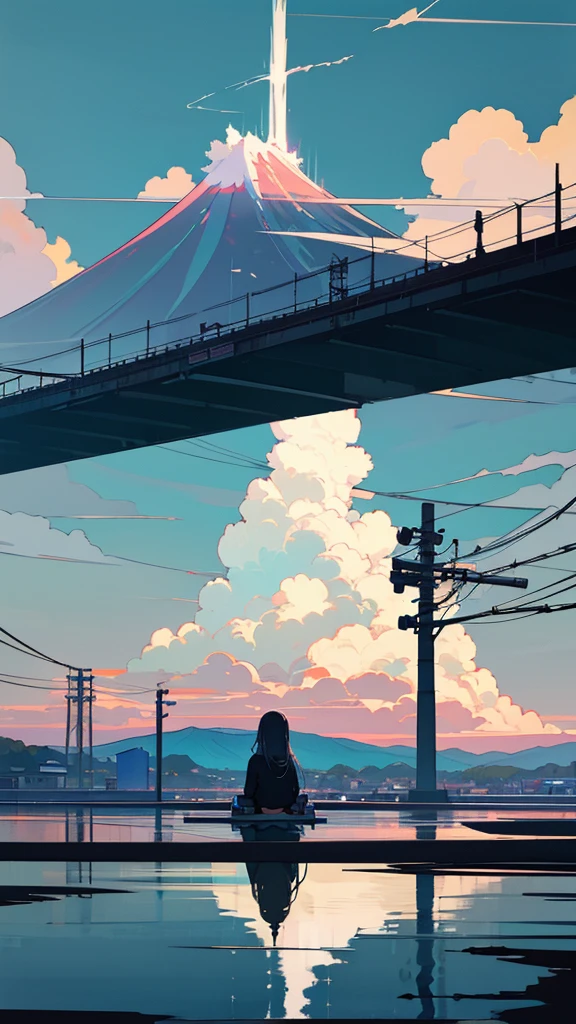 masterpiece, Exquisite detail,Highest quality, One girl, alone, handrail, cloud, buildings,Long Hair, NULL, Long sleeve, Power lines, White footwear, Black Hair, Electric pole, bangs, cloudy NULL, fish, bird, Green Eyes, Shorts, Day, Black Shirt, barefoot,Pitch black,Buildings,High quality anime art style，Standing painting，Splash ink background,Blue Themes,Clear Face,Distinct facial features,Fuji Mountain,Fuji Mountain,Buildings in Tokyo,Looking at me,View from behind,sitting in water,Bright sky,Daytime,Looking straight ahead,Future City,train,Railroad crossing,morning,A train running on the tracks,the sun and the moon,Bright blue sky