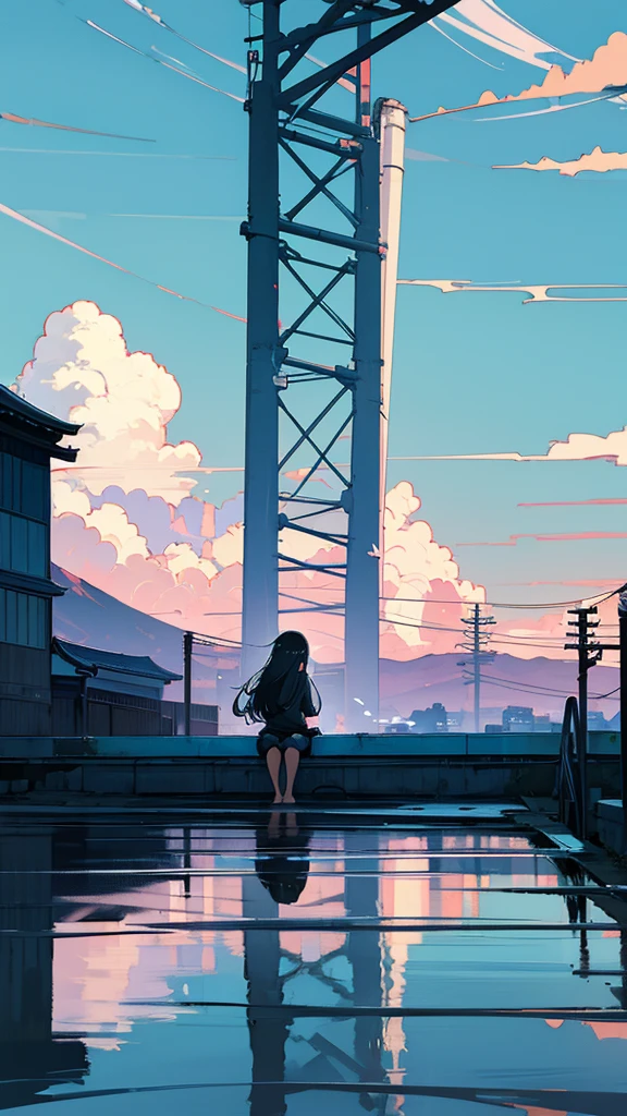 masterpiece, Exquisite detail,Highest quality, One girl, alone, handrail, cloud, buildings,Long Hair, NULL, Long sleeve, Power lines, White footwear, Black Hair, Electric pole, bangs, cloudy NULL, fish, bird, Green Eyes, Shorts, Day, Black Shirt, barefoot,Pitch black,Buildings,High quality anime art style,Standing painting,Splash ink background,Blue Themes,Clear Face,Distinct facial features,Fuji Mountain,Fuji Mountain,Buildings in Tokyo,Looking at me,View from behind,sitting in water,Bright sky,Daytime,Looking straight ahead,Future City,train,Railroad crossing,morning,A train running on the tracks,the sun and the moon,Bright blue sky