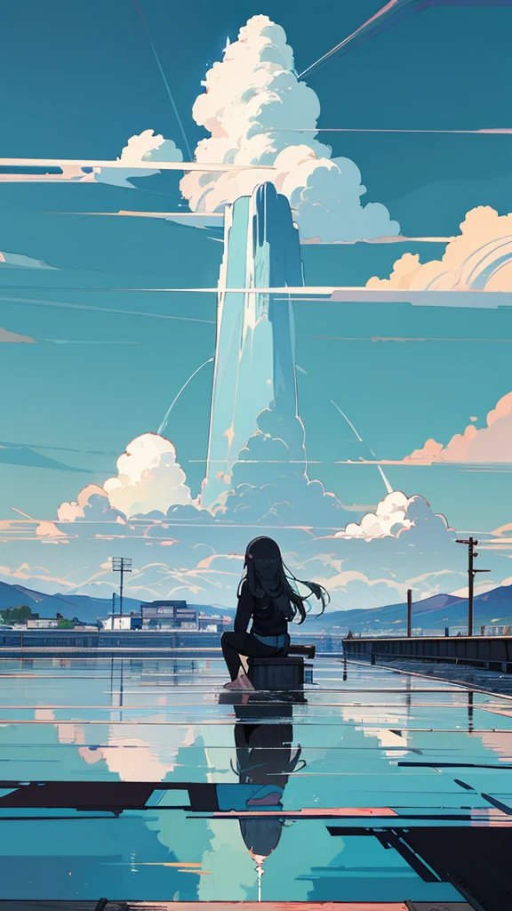 masterpiece, Exquisite detail,Highest quality, One girl, alone, handrail, cloud, buildings,Long Hair, NULL, Long sleeve, Power lines, White footwear, Black Hair, Electric pole, bangs, cloudy NULL, fish, bird, Green Eyes, Shorts, Day, Black Shirt, barefoot,Pitch black,Buildings,High quality anime art style，Standing painting，Splash ink background,Blue Themes,Clear Face,Distinct facial features,Fuji Mountain,Fuji Mountain,Buildings in Tokyo,Looking at me,View from behind,sitting in water,Bright sky,Daytime,Looking straight ahead,Future City,train,Railroad crossing,morning,A train running on the tracks,the sun and the moon,Bright blue sky