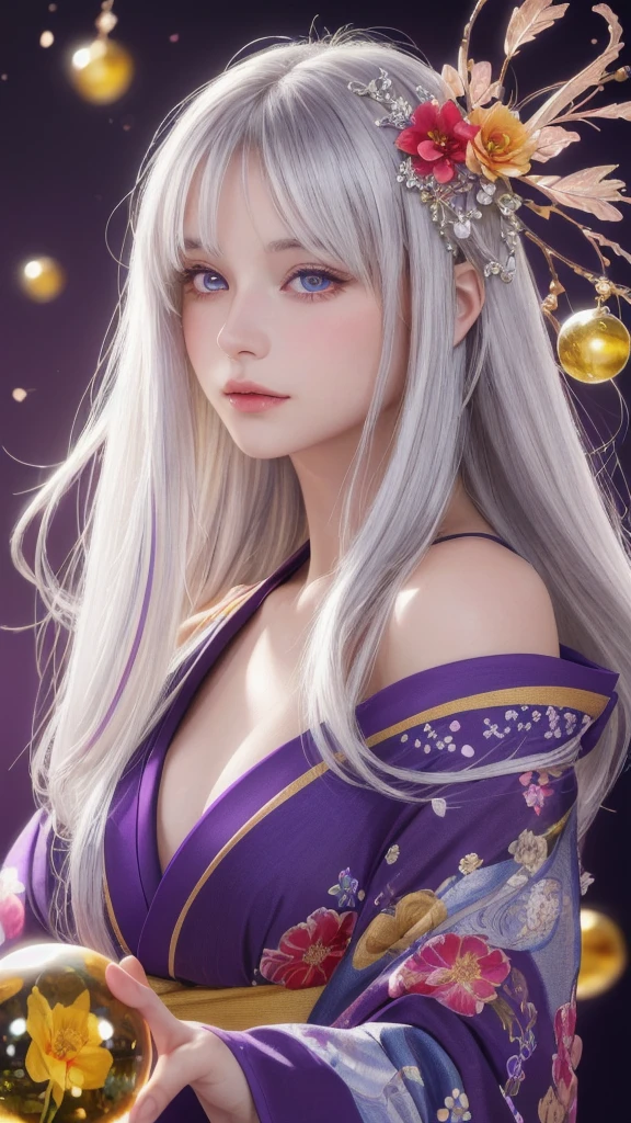 (masterpiece:1.3), (8k, photorealistic, raw photo, highest quality:1.4), (one girl), beautiful face, (realistic face), (long hair), (silver hair, near white hair, shiny hair, beautiful straight hair), (even bangs), (sharp bangs), straight hairstyle, realistic eyes, beautiful detailed eyes (purple eyes), (sharp eyes), (realistic skin), beautiful skin, (kimono), (magician's kimono), (flower hair ornament), attractive, ultra high resolution, ultra realistic, highly detailed, golden ratio, colorful background, (flowers blooming), (energy dancing background), magician, facing forward, facing from shoulders, looking straight ahead, both shoulders facing towards you, holding crystal ball, (heart crystal ball, love crystal ball).