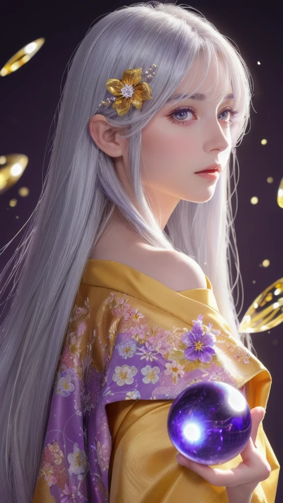 (masterpiece:1.3), (8k, photorealistic, raw photo, highest quality:1.4), (one girl), beautiful face, (realistic face), (long hair), (silver hair, near white hair, shiny hair, beautiful straight hair), (even bangs), (sharp bangs), straight hairstyle, realistic eyes, beautiful detailed eyes (purple eyes), (sharp eyes), (realistic skin), beautiful skin, (kimono), (magician's kimono), (flower hair ornament), attractive, ultra high resolution, ultra realistic, highly detailed, golden ratio, colorful background, (flowers blooming), (energy dancing background), magician, facing forward, facing from shoulders, looking straight ahead, both shoulders facing towards you, holding crystal ball, (heart crystal ball, love crystal ball).