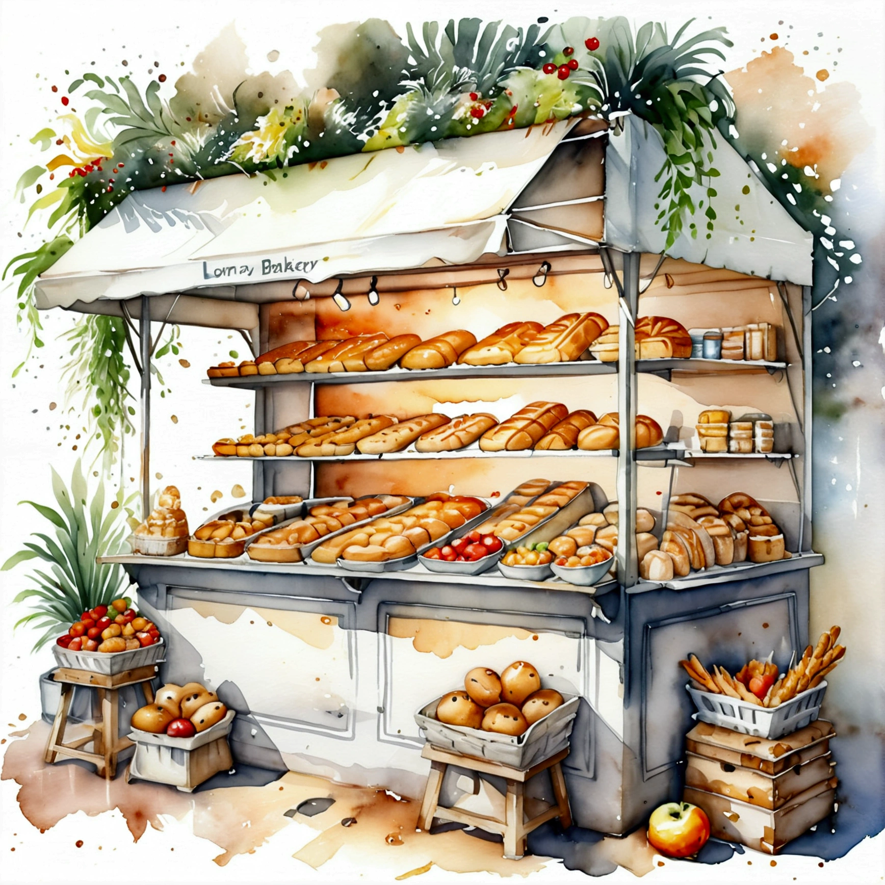 modern bakery food stall of healthy food, illustration, isolated with solid white background, surrounded with negative space, centered composition, 8k, highest detailed painting, very precise painting, Isolated, clear solid white background, perspective angle of view, cartoon style, ((watercolor:1)), clip art, (lora:add-detail-xl:1), (masterpiece), (best quality),