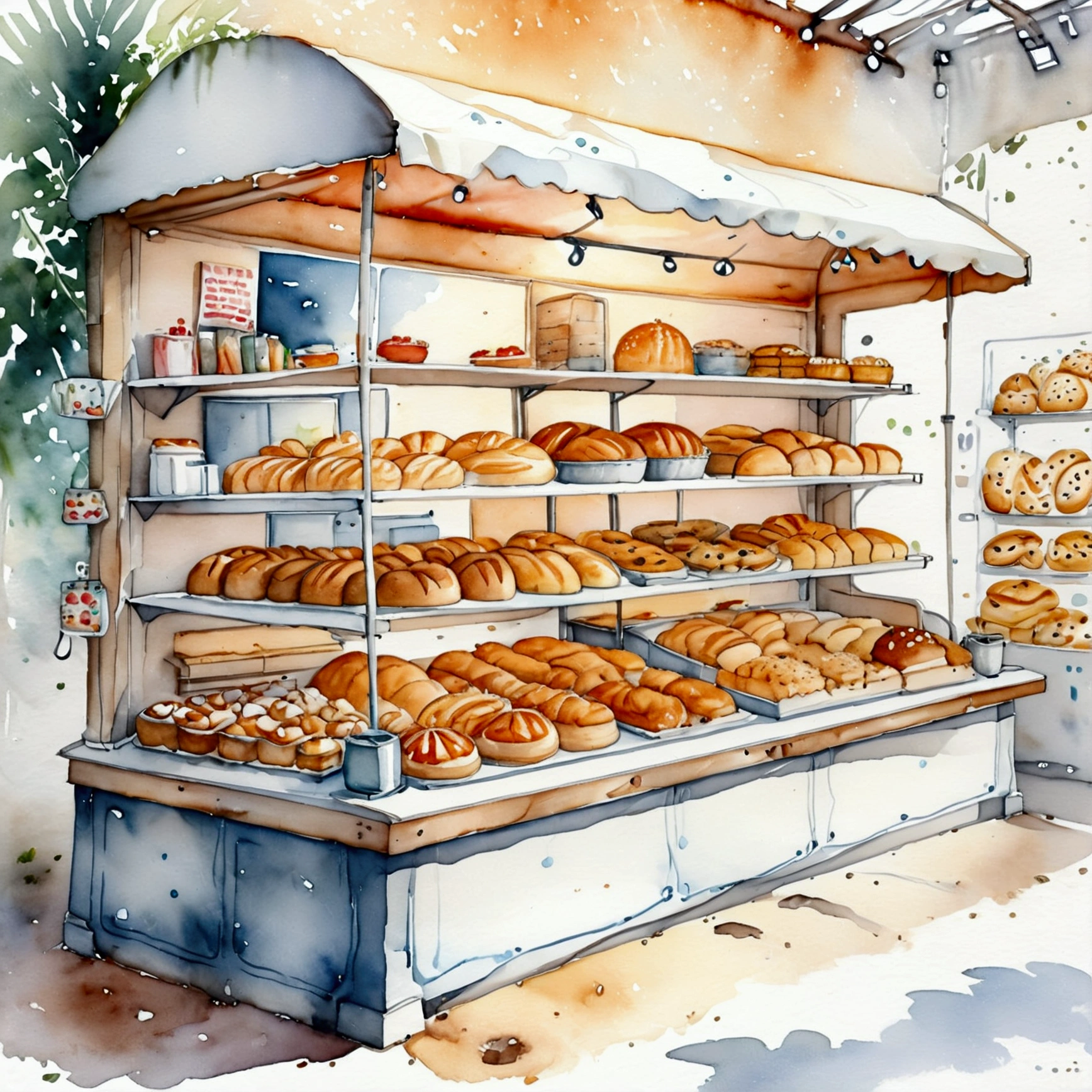 modern bakery food stall of healthy food, illustration, isolated with solid white background, surrounded with negative space, centered composition, 8k, highest detailed painting, very precise painting, Isolated, clear solid white background, perspective angle of view, cartoon style, ((watercolor:1)), clip art, (lora:add-detail-xl:1), (masterpiece), (best quality),