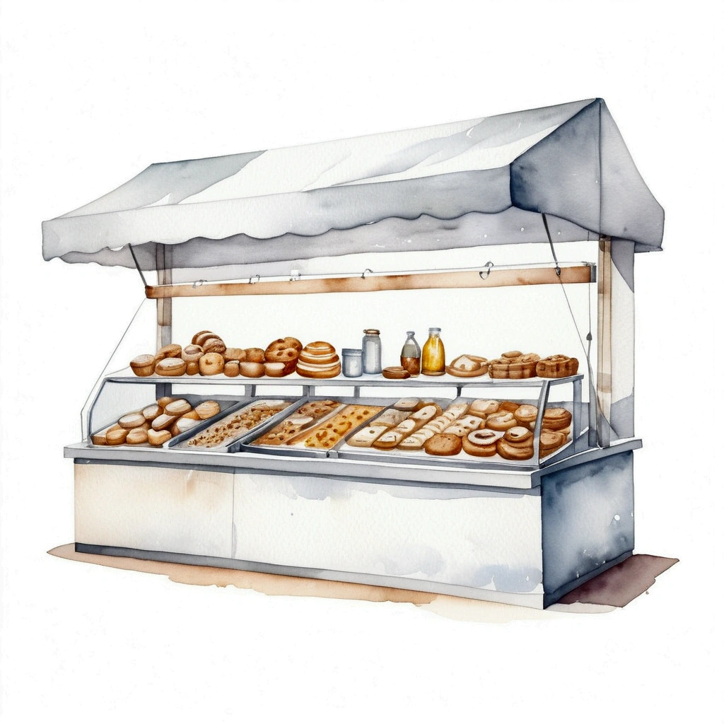 modern bakery food stall of healthy food, illustration, isolated with solid white background, surrounded with negative space, centered composition, 8k, highest detailed painting, very precise painting, Isolated, clear solid white background, perspective angle of view, cartoon style, ((watercolor:1)), clip art, (lora:add-detail-xl:1), (masterpiece), (best quality),