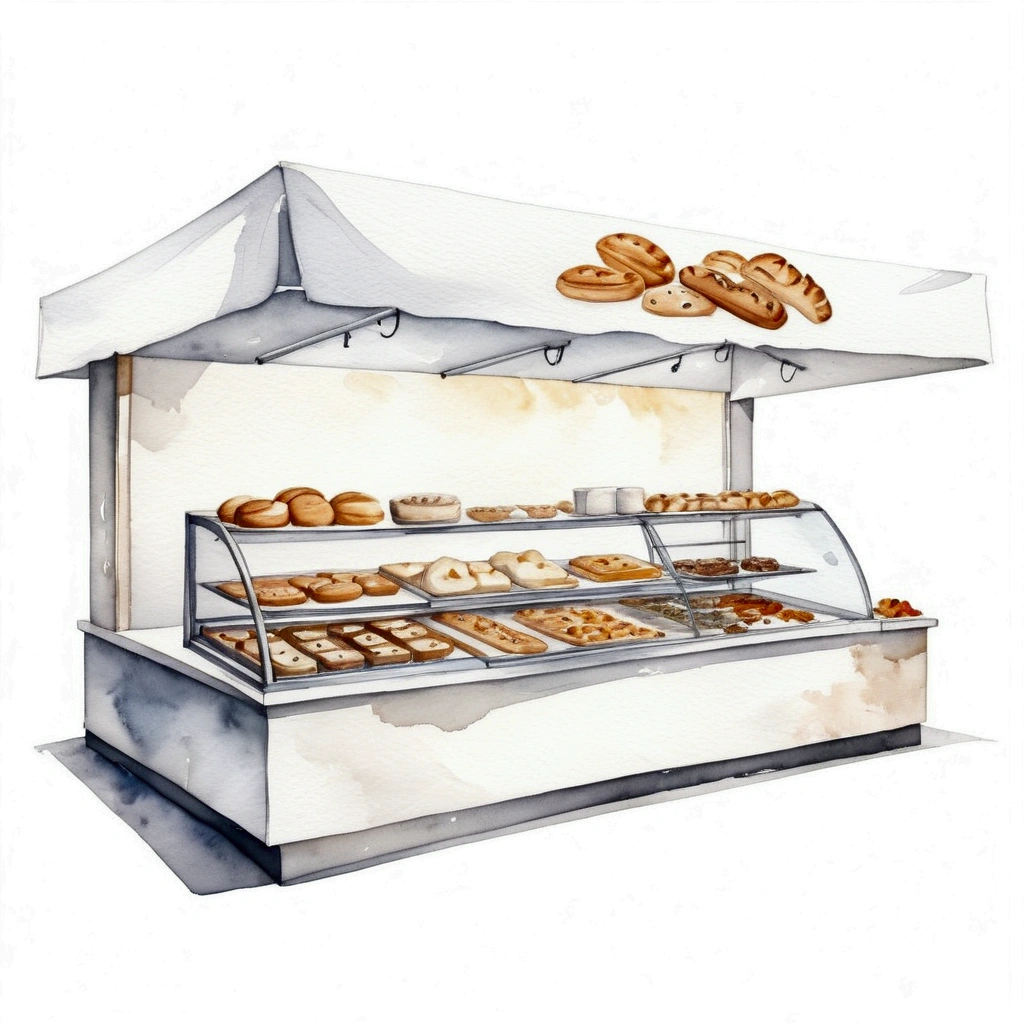 modern bakery food stall of healthy food, illustration, isolated with solid white background, surrounded with negative space, centered composition, 8k, highest detailed painting, very precise painting, Isolated, clear solid white background, perspective angle of view, cartoon style, ((watercolor:1)), clip art, (lora:add-detail-xl:1), (masterpiece), (best quality),